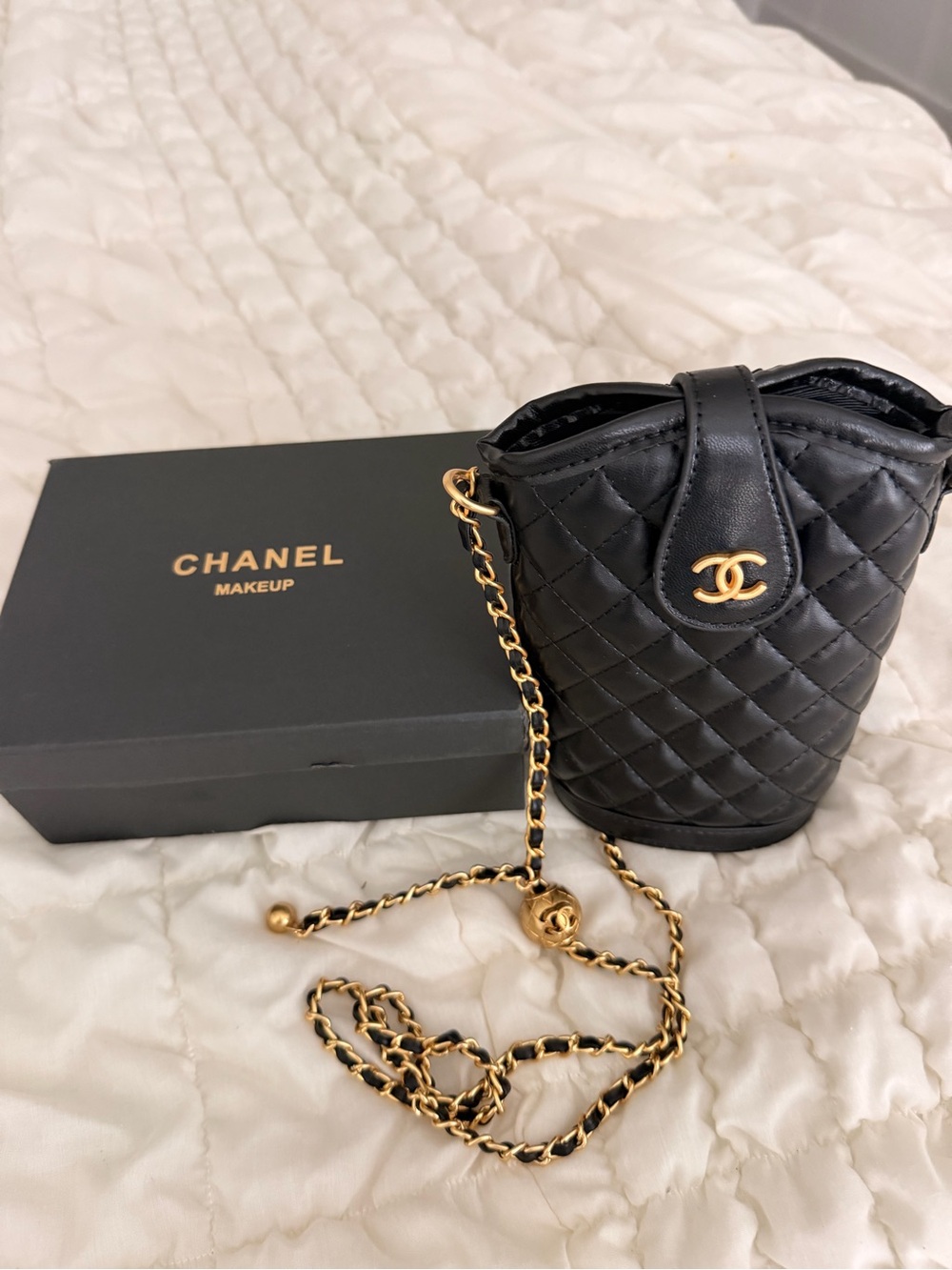 CHANEL Black Quilted Leather Mini makeup Beauty with Gold Hardware makeup